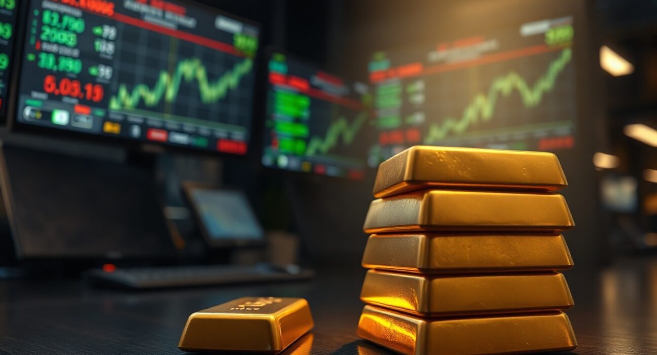 Stack of gold bars with blurred financial trading screens in the background