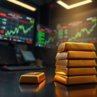 Stack of gold bars with blurred financial trading screens in the background