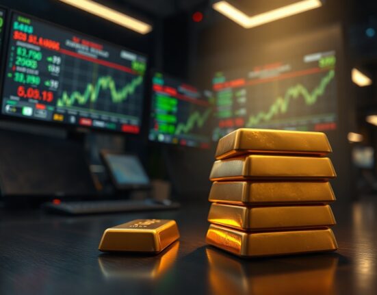 Stack of gold bars with blurred financial trading screens in the background