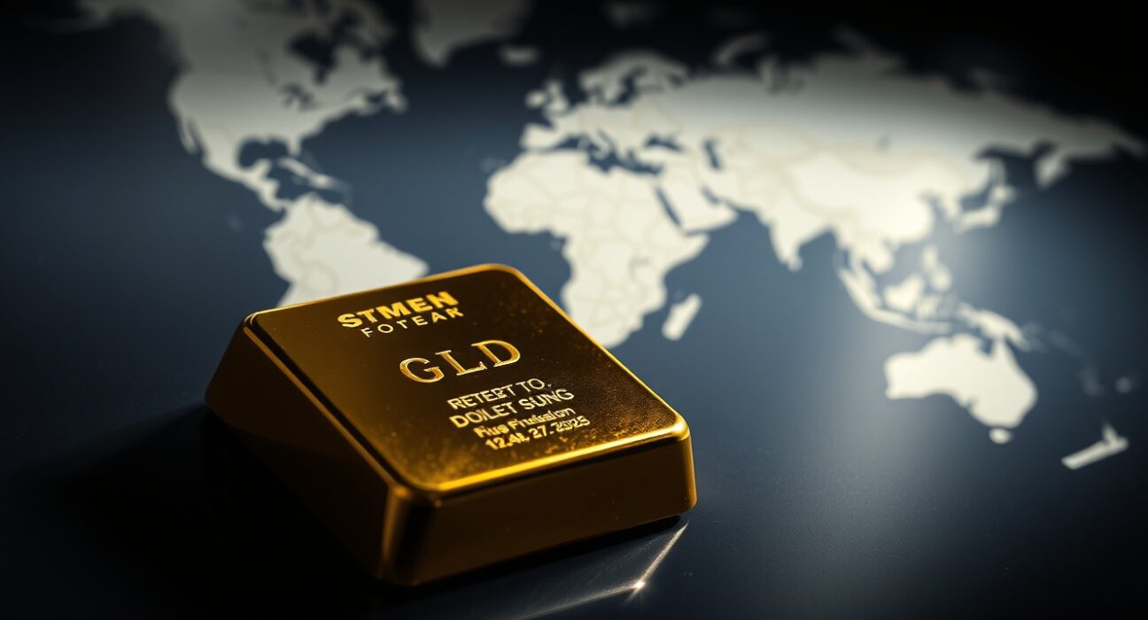 Gold bullion bar on reflective surface with geopolitical background