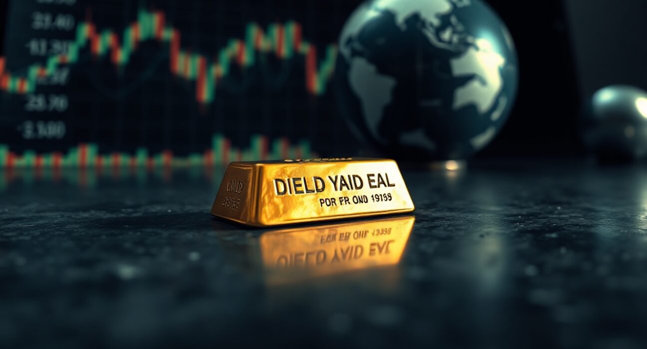 Gold bar on dark surface with blurred financial charts and globe in background