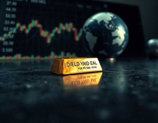 Gold bar on dark surface with blurred financial charts and globe in background