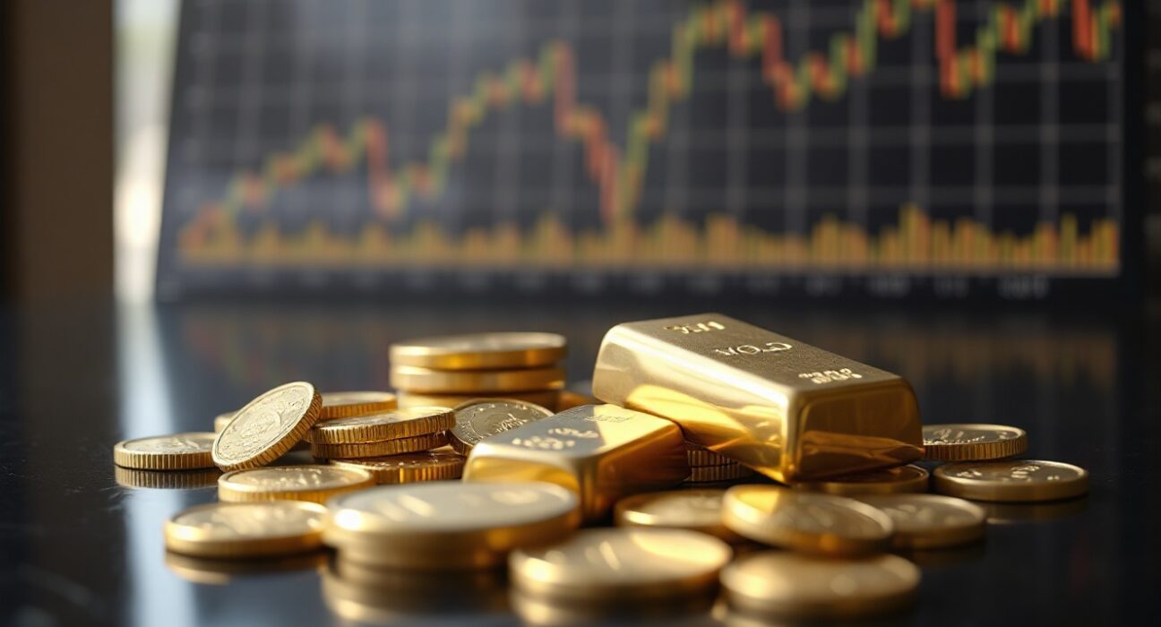 Gold bars and coins on a dark surface with a blurred financial chart in the background