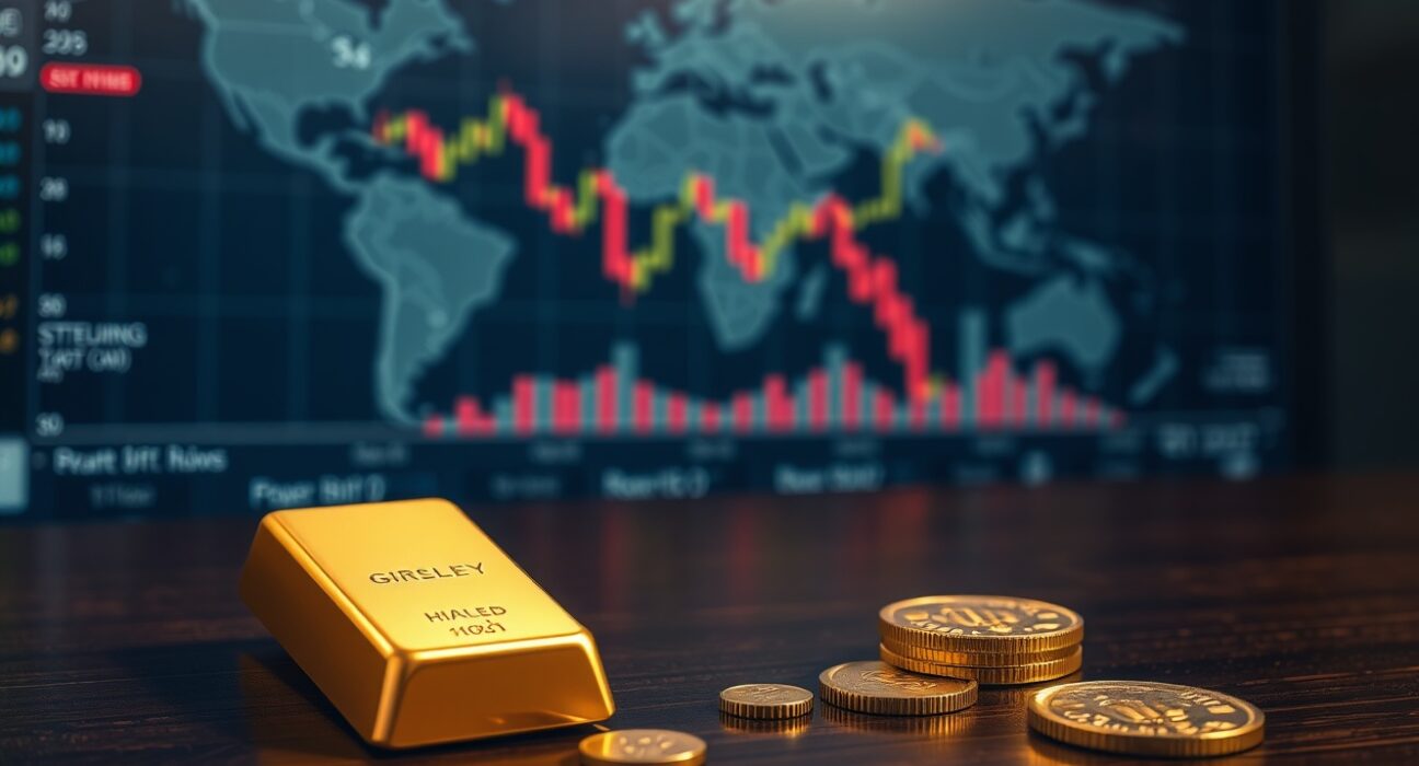 Gold bars and coins representing rising gold prices amid US-Iran peace hopes and weakening USD due to easing inflation.