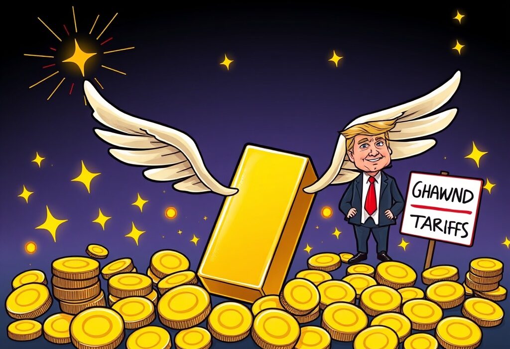 Cartoon showing gold prices rising sharply after a political decision to avoid tariffs, symbolizing a positive shift in the gold market.