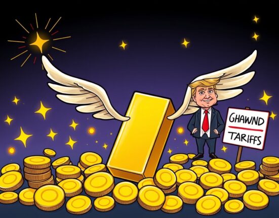 Cartoon showing gold prices rising sharply after a political decision to avoid tariffs, symbolizing a positive shift in the gold market.