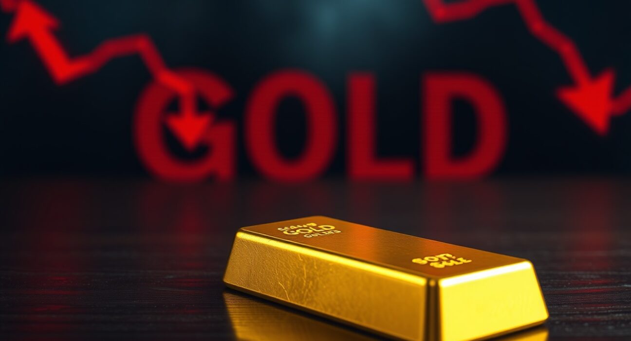 Gold bar on dark surface with red financial ticker showing price decline