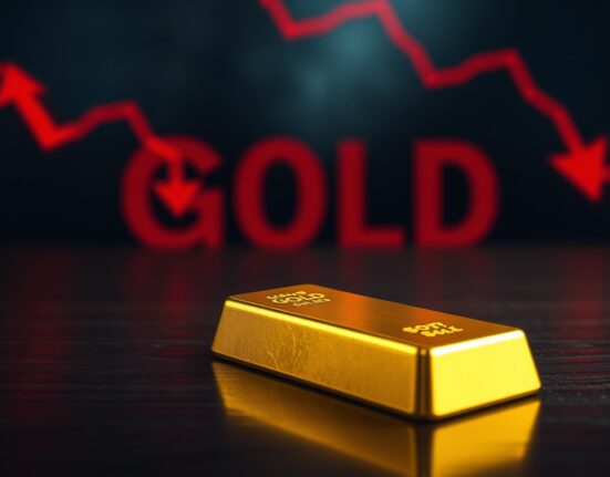 Gold bar on dark surface with red financial ticker showing price decline