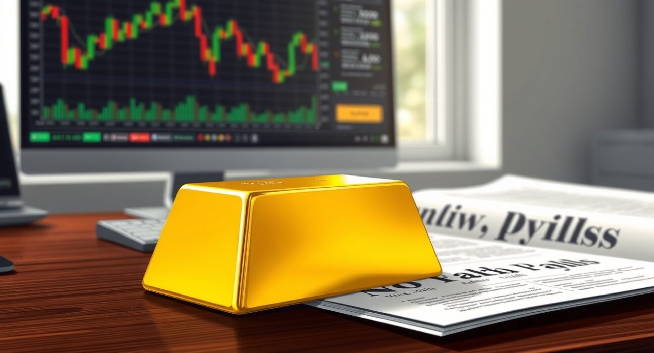 Gold bullion bar with financial charts representing price stability after US jobs report.