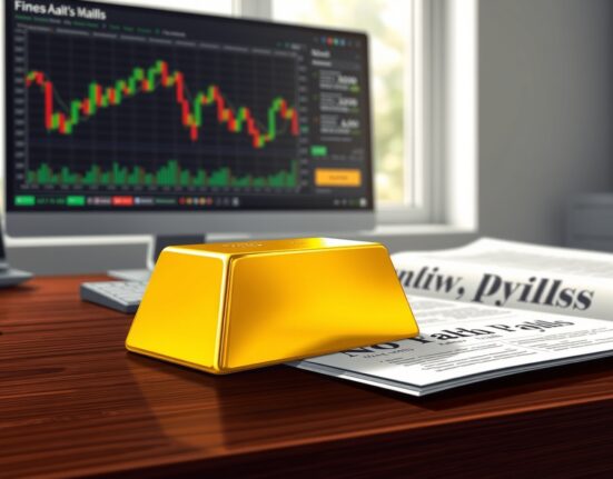 Gold bullion bar with financial charts representing price stability after US jobs report.