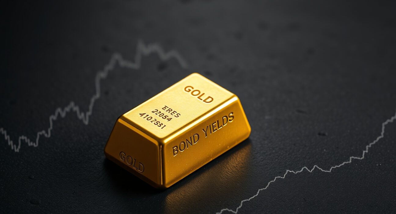 Gold bullion bar representing rising prices amid falling US Treasury yields.