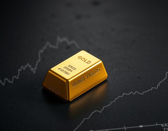 Gold bullion bar representing rising prices amid falling US Treasury yields.