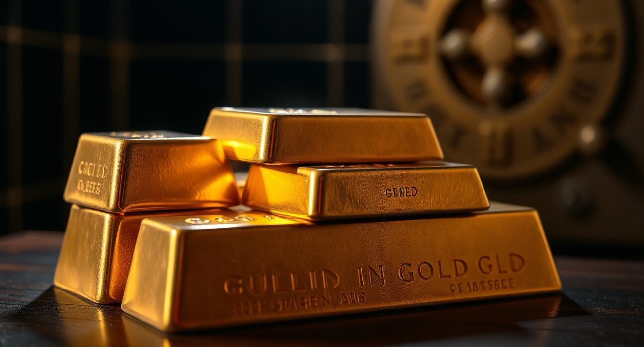 Stack of gold bullion bars on a dark table with spotlight illumination