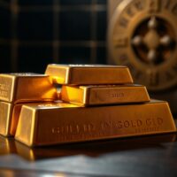 Stack of gold bullion bars on a dark table with spotlight illumination