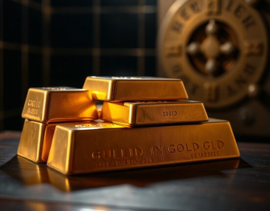 Stack of gold bullion bars on a dark table with spotlight illumination