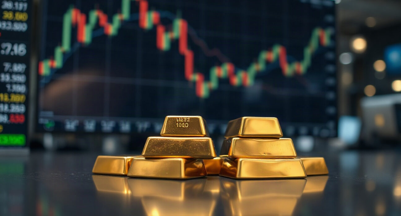 Close-up of gold bars on a trading desk with a blurred chart in the background.