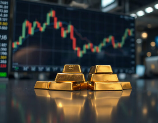 Close-up of gold bars on a trading desk with a blurred chart in the background.