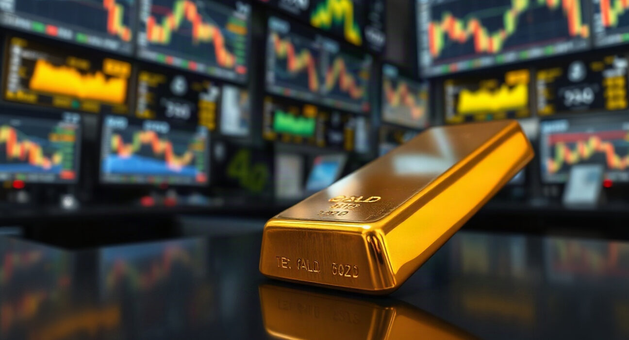 Gold bar with financial charts in background, representing market pullback and bullish outlook