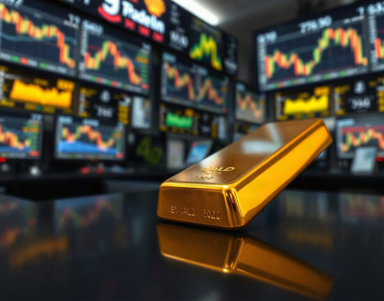 Gold bar with financial charts in background, representing market pullback and bullish outlook