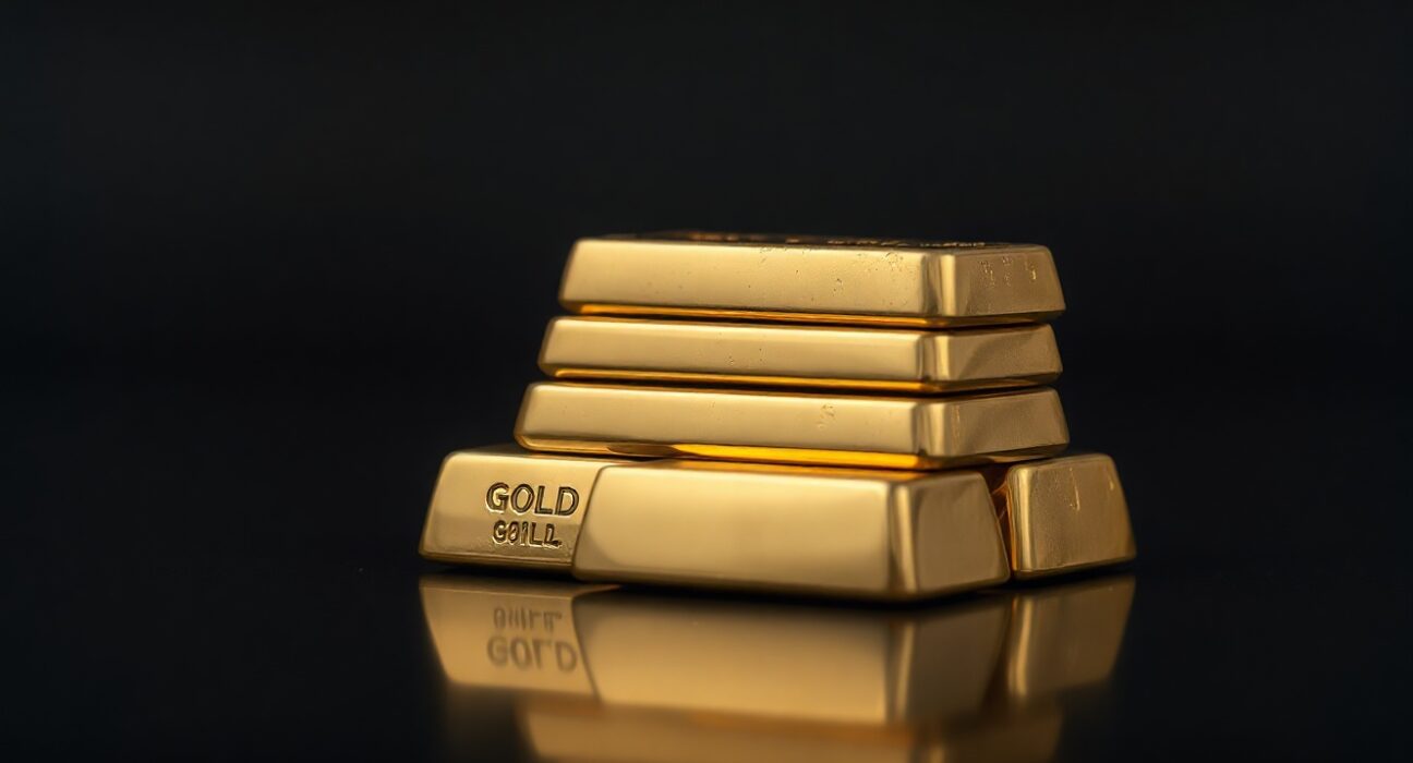 Stacked gold bars on dark reflective surface with soft lighting for market analysis article.
