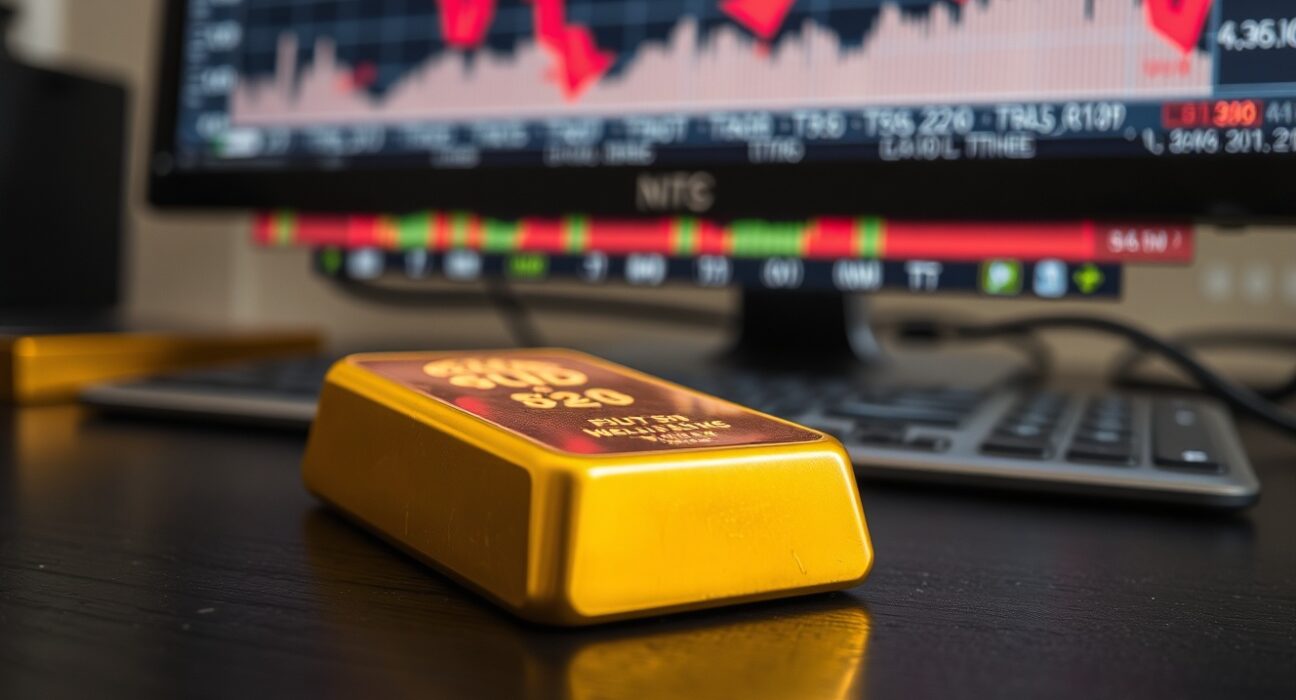 Gold bar with financial chart showing downward trend in background