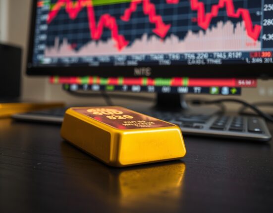 Gold bar with financial chart showing downward trend in background