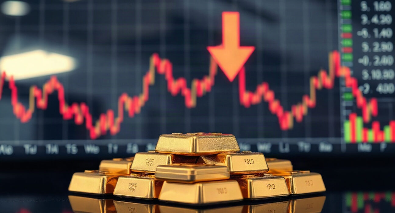 Gold bars with a downward arrow in background, representing pullback risk from higher yields and oil prices