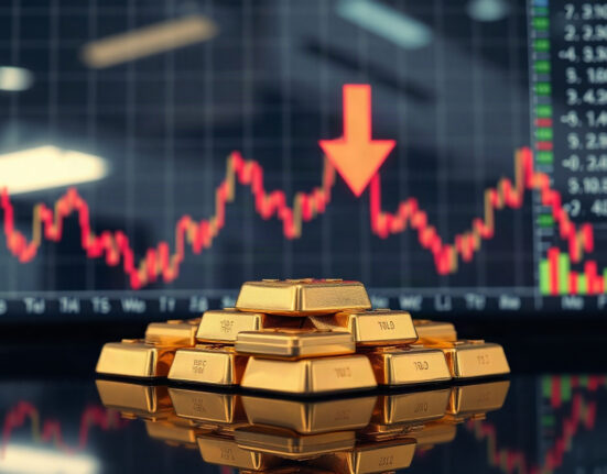 Gold bars with a downward arrow in background, representing pullback risk from higher yields and oil prices