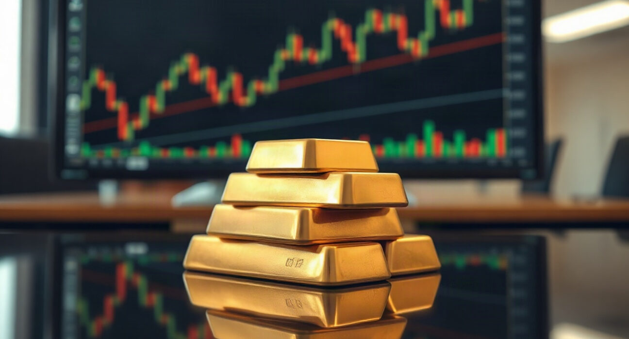 Gold bars on a reflective surface with a financial chart in the background, symbolizing market fluctuations.