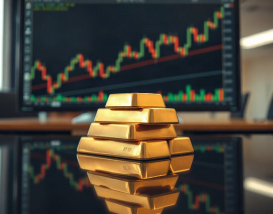 Gold bars on a reflective surface with a financial chart in the background, symbolizing market fluctuations.