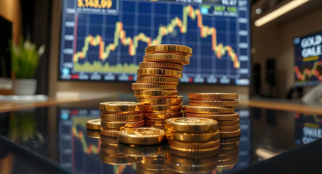Gold bullion coins and bars with a blurred financial chart showing a decline in the background