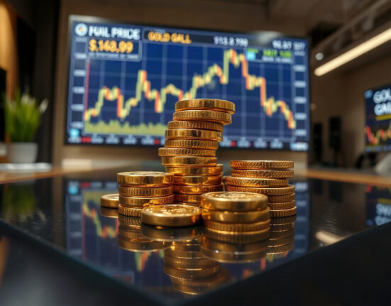 Gold bullion coins and bars with a blurred financial chart showing a decline in the background