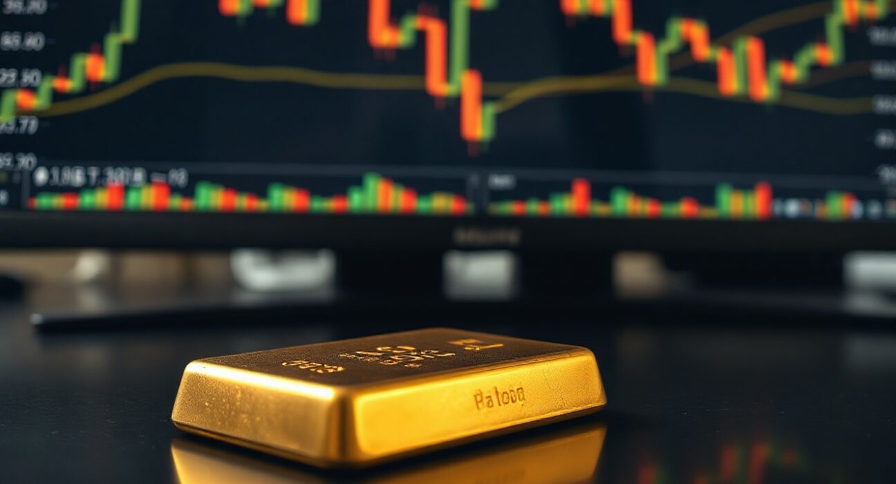 Gold bullion bar on reflective surface with financial charts in background