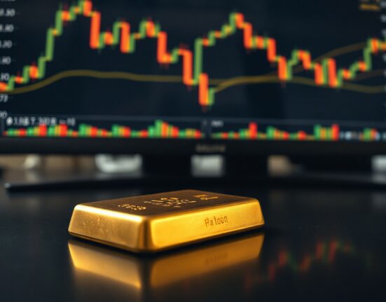 Gold bullion bar on reflective surface with financial charts in background