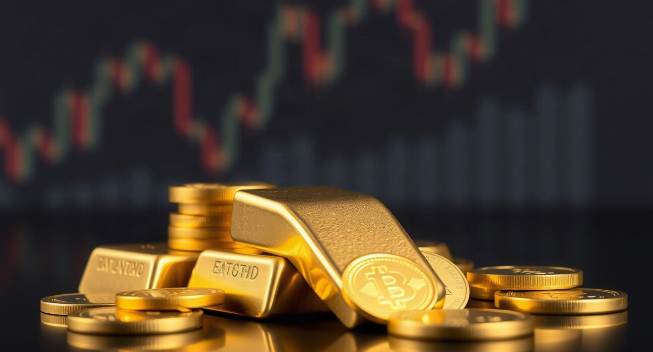 Gold bars and coins on a reflective surface with a financial chart in the background