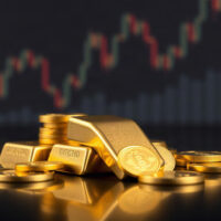 Gold bars and coins on a reflective surface with a financial chart in the background