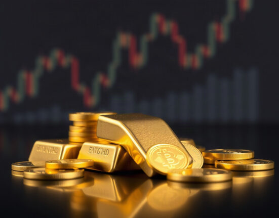 Gold bars and coins on a reflective surface with a financial chart in the background