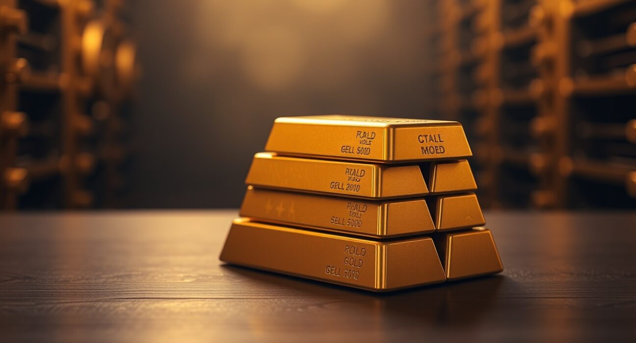 Stacked gold bars on a dark surface with soft lighting, representing the gold price rally after US CPI data.
