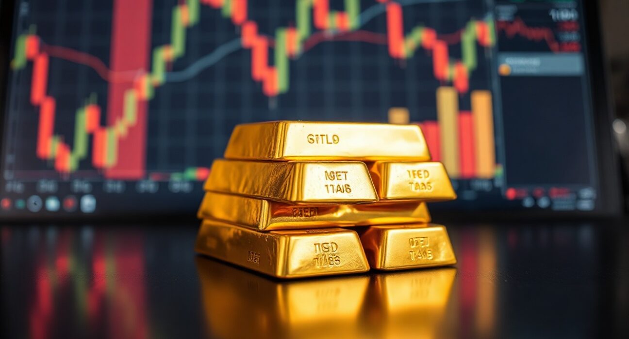 Gold bars stacked on a reflective surface, symbolizing the metal's rally above $4,400 as the US dollar weakens.