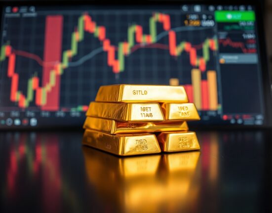 Gold bars stacked on a reflective surface, symbolizing the metal's rally above $4,400 as the US dollar weakens.