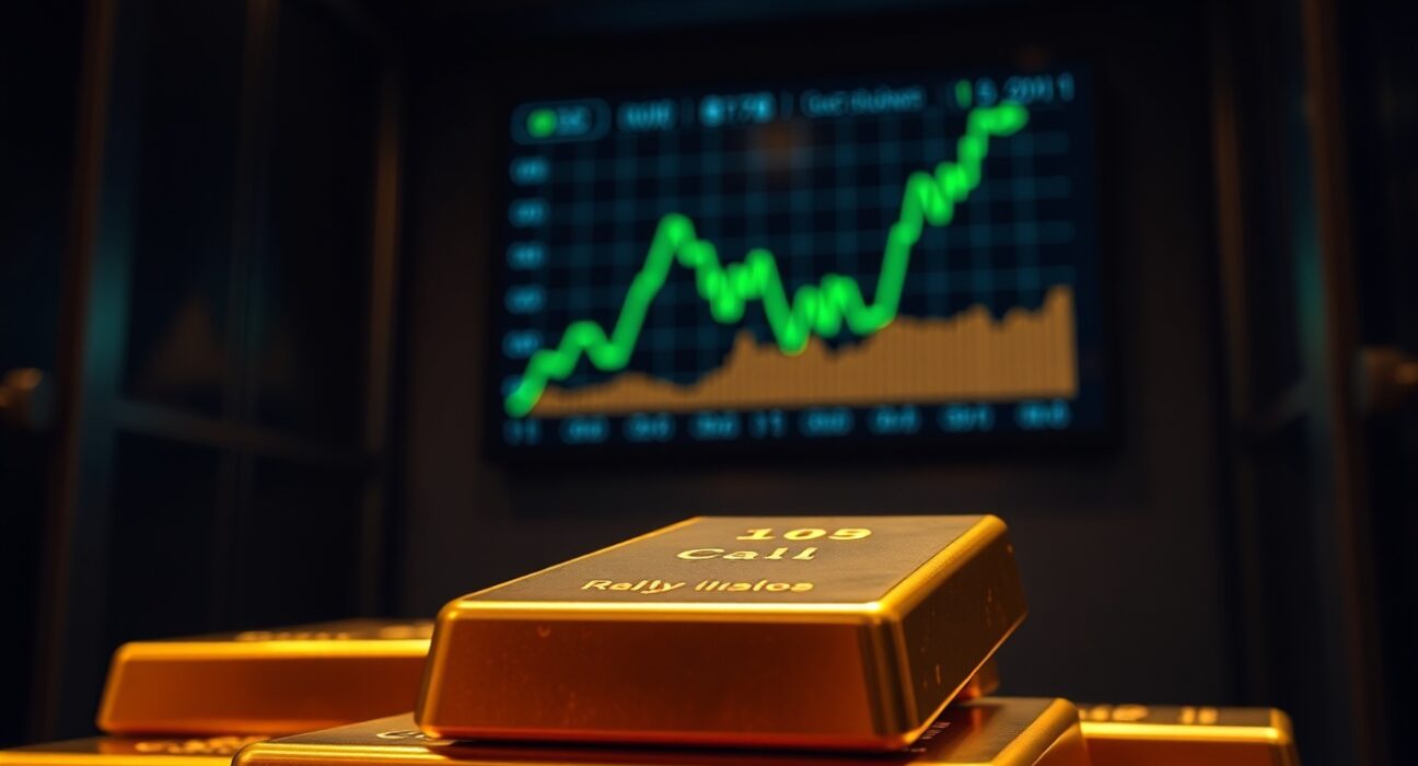 Gold bars in a vault with a financial chart showing an upward trend in the background.