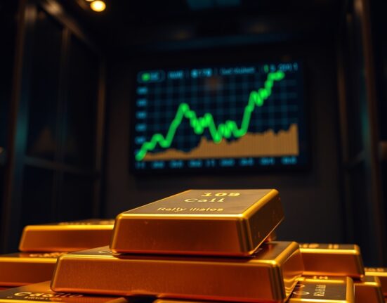 Gold bars in a vault with a financial chart showing an upward trend in the background.