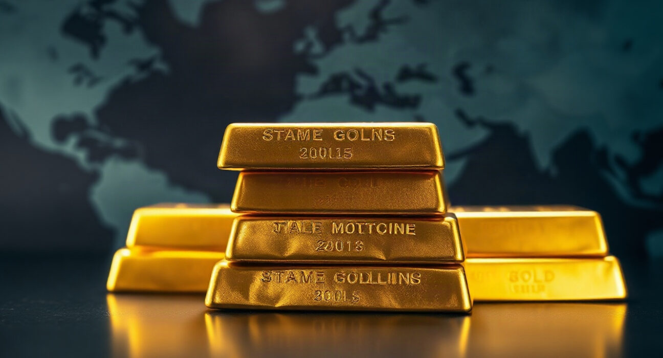 Gold bullion bars stacked on a dark surface, symbolizing haven demand amid geopolitical tensions.