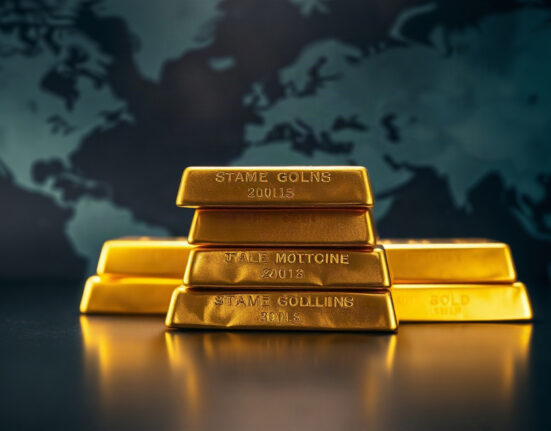 Gold bullion bars stacked on a dark surface, symbolizing haven demand amid geopolitical tensions.