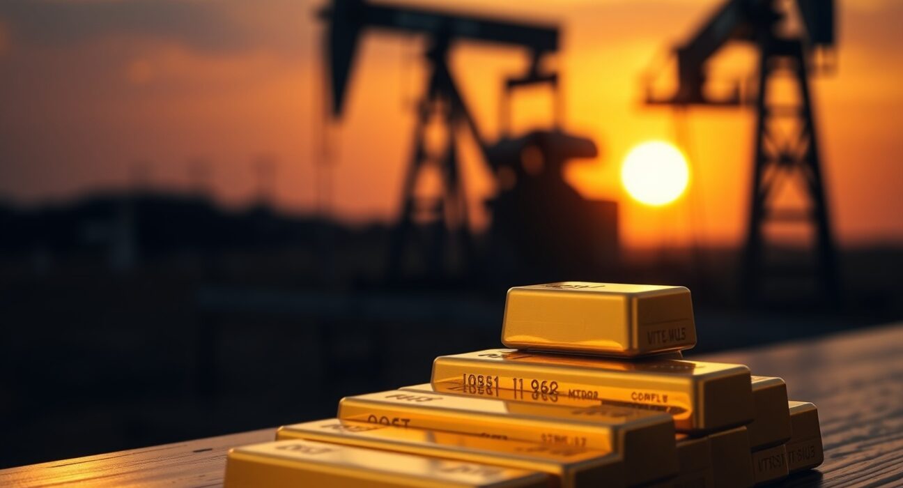 Gold bars stacked with an oil pumpjack silhouette in the background representing market dynamics.