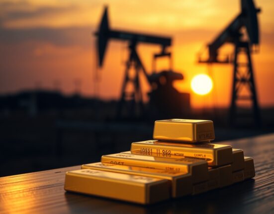 Gold bars stacked with an oil pumpjack silhouette in the background representing market dynamics.