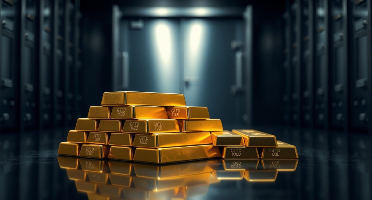 Gold bullion bars stacked in a vault, symbolizing safe-haven demand and rising prices.