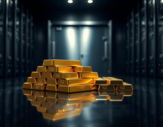 Gold bullion bars stacked in a vault, symbolizing safe-haven demand and rising prices.