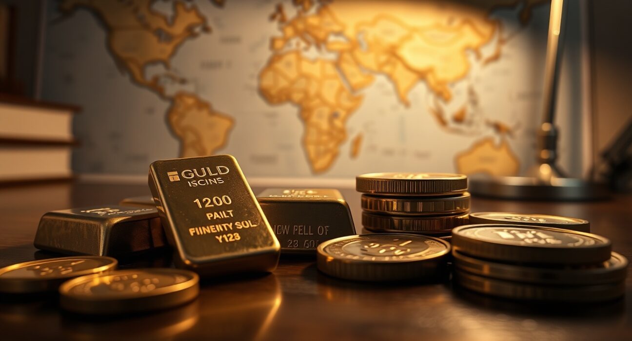 Gold bars and coins on a dark surface with a world map in the background, representing safe-haven demand amid geopolitical tensions.