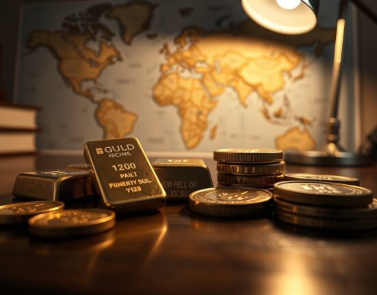 Gold bars and coins on a dark surface with a world map in the background, representing safe-haven demand amid geopolitical tensions.